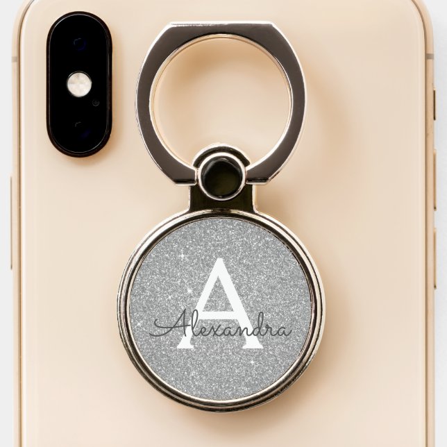 Luxury Silver Glitter Sparkle Monogram Phone Ring Stand (Close Up)