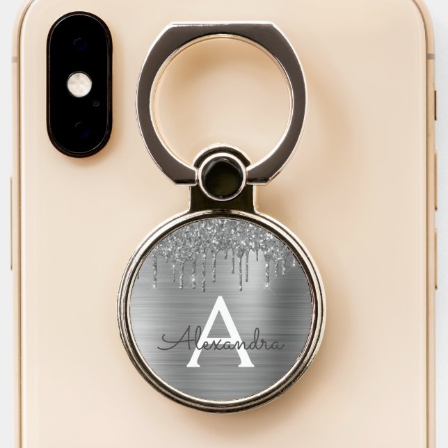 Luxury Silver Glitter Sparkle Monogram Phone Ring Stand (Close Up)