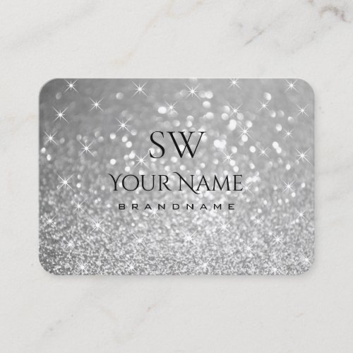 Luxury Silver Glitter Sparkle Stars Initials Black Business Card