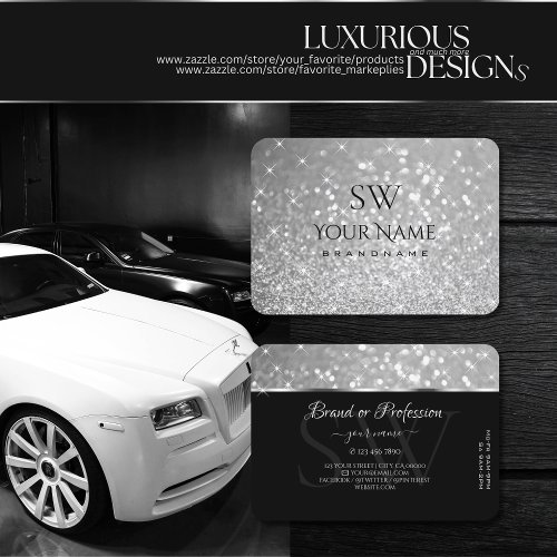 Luxury Silver Glitter Sparkle Stars Initials Smart Business Card