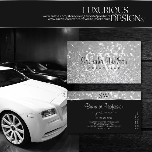 Luxury Silver Glitter Sparkle Stars Monogram Smart Business Card