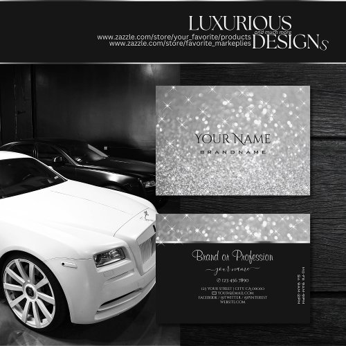 Luxury Silver Glitter Sparkle Stars Smart on Black Business Card