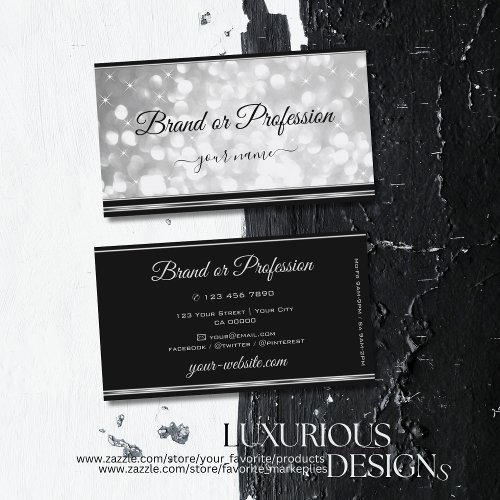 Luxury Silver Glitter Stars Black Silver Border Business Card
