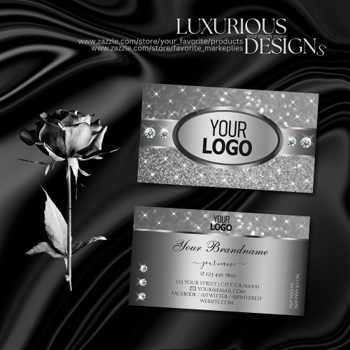 Luxury Silver Glitter Stars Diamonds add Logo Chic Business Card