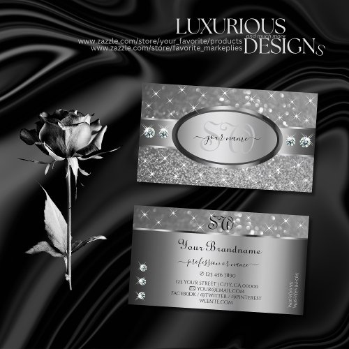 Luxury Silver Glitter Stars Diamonds and Monogram Business Card