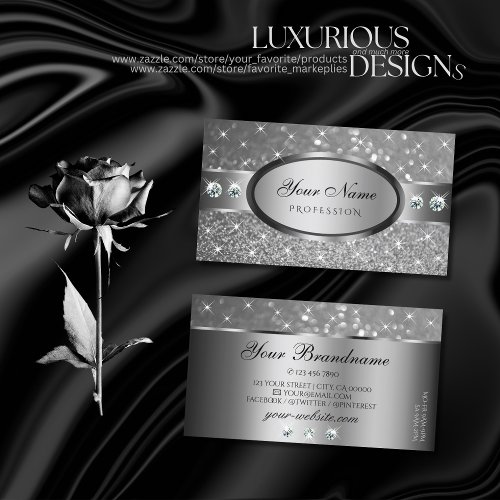 Luxury Silver Glitter Stars Diamonds Oval Shape Business Card
