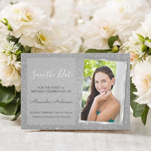 Luxury Silver Glitter Sweet 16 Save the Date Invitation