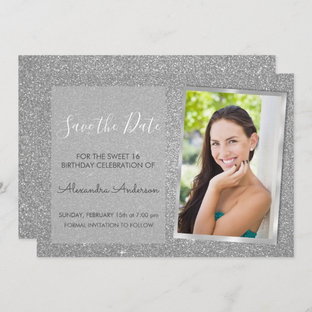 Luxury Silver Glitter Sweet 16 Save the Date Invitation (Front/Back)