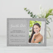 Luxury Silver Glitter Sweet 16 Save the Date Invitation (Standing Front)