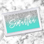 Luxury Silver Glitter Turquoise Ombre Personalized Business Card Case<br><div class="desc">Girly glam business card holder for her featuring a luxury faux silver gray glitter with sparkle. Customize the turquoise background color to create your own personalized design. The name features a white modern handwritten lettering brush script calligraphy style. Customize the font color, size and style in this text design. You...</div>