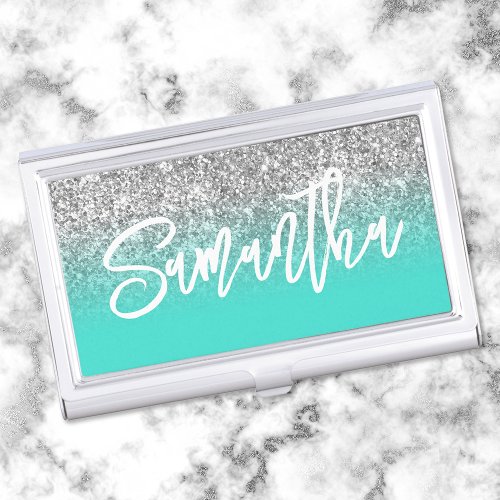 Luxury Silver Glitter Turquoise Ombre Personalized Business Card Case