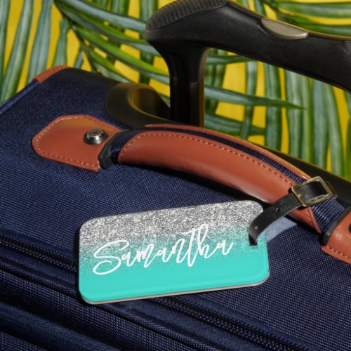 Luxury Silver Glitter Turquoise Ombre Personalized Luggage Tag