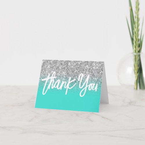 Luxury Silver Glitter Turquoise Ombre Thank You Card