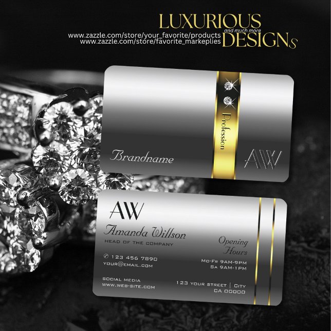 Luxury Silver Gold Decor Glamour Jewels Initials Business Card (Creator Uploaded)