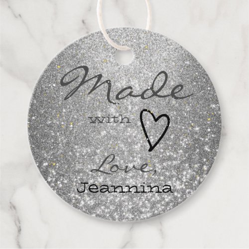 Luxury Silver Gray Glitter Made with Love Heart Favor Tags