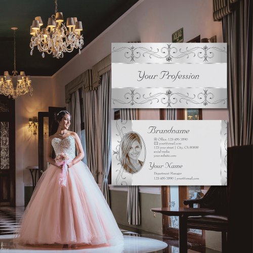 Luxury Silver Gray Ornate Borders Jewels Add Photo Business Card