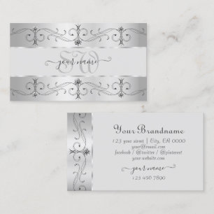 Luxury Silver Gray Ornate Borders Jewels Monogram Business Card