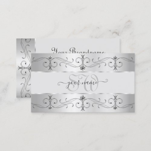 Luxury Silver Gray Ornate Borders Jewels Monogram Business Card