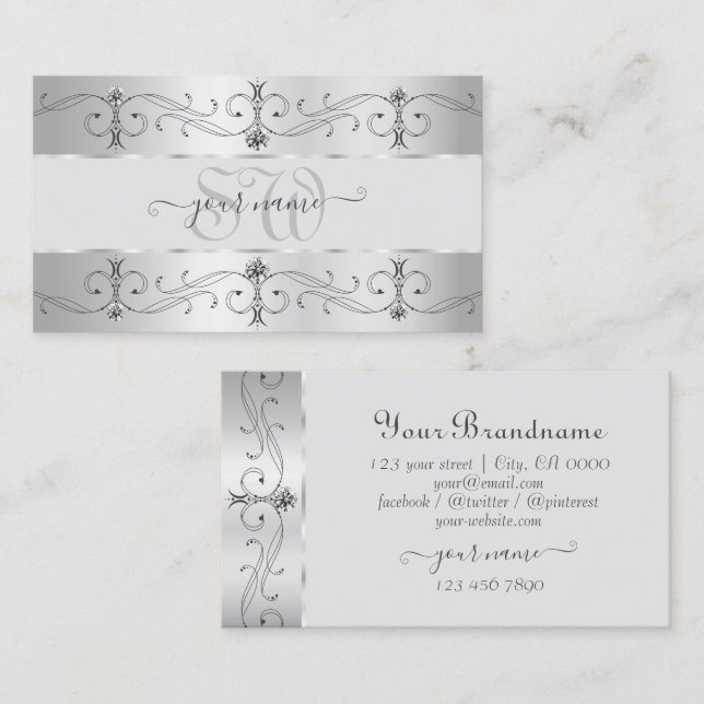 Luxury Silver Gray Ornate Borders Jewels Monogram Business Card (Front/Back)