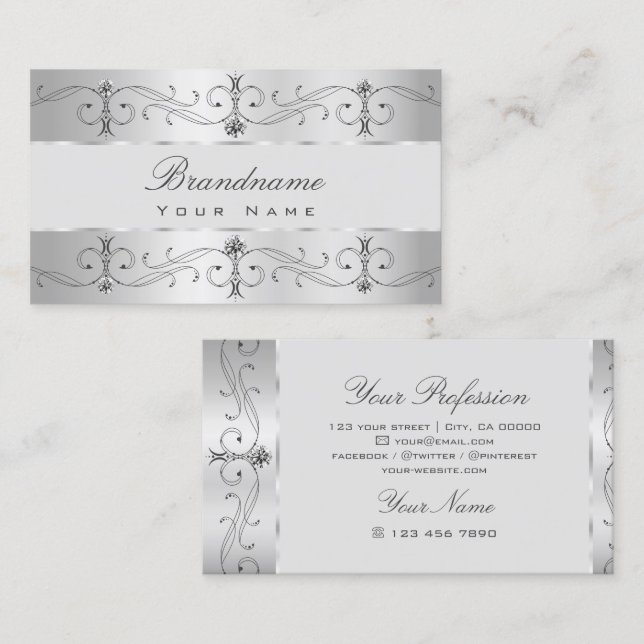 Luxury Silver Gray Ornate Borders Jewels Ornaments Business Card (Front/Back)