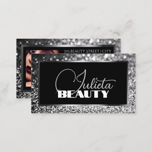 Luxury Silver Gray Sparkle Glitter Photo Template Business Card