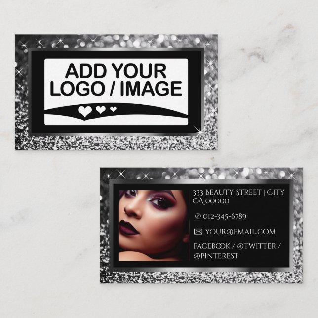 Luxury Silver Gray Sparkle Logo Photo Template Business Card (Front/Back)