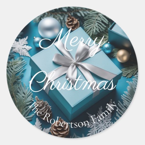 Luxury Silver  Light Icy Blue Christmas Gifts  Classic Round Sticker