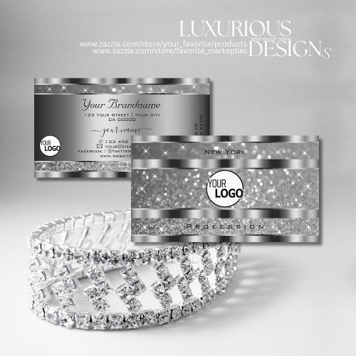 Luxury Silver Luminous Glitter Stars add Logo Chic Business Card