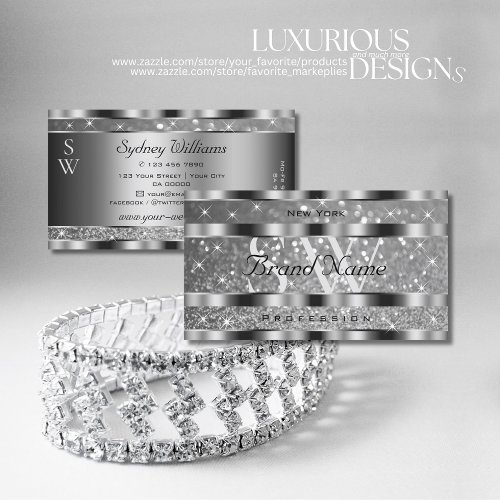 Luxury Silver Luminous Glitter Stars Initials Chic Business Card