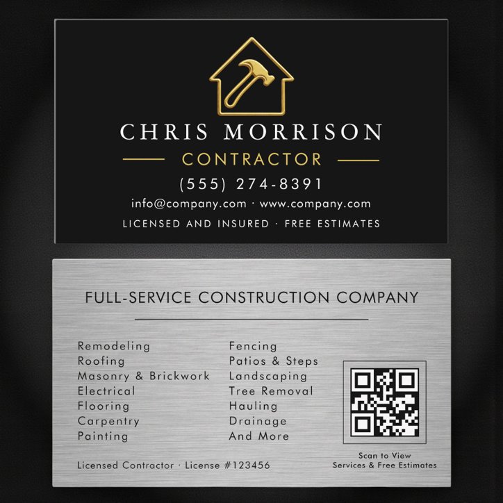 Luxury Silver Metallic Contractor QR Code Business Card