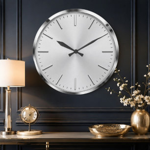 Luxury Silver Minimalist Modern Brushed Metal Large Clock
