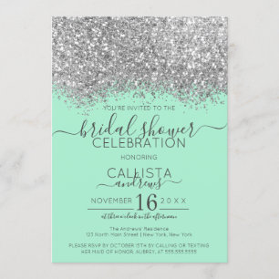 Luxury Silver Mint Glitter Confetti Bridal Shower Invitation