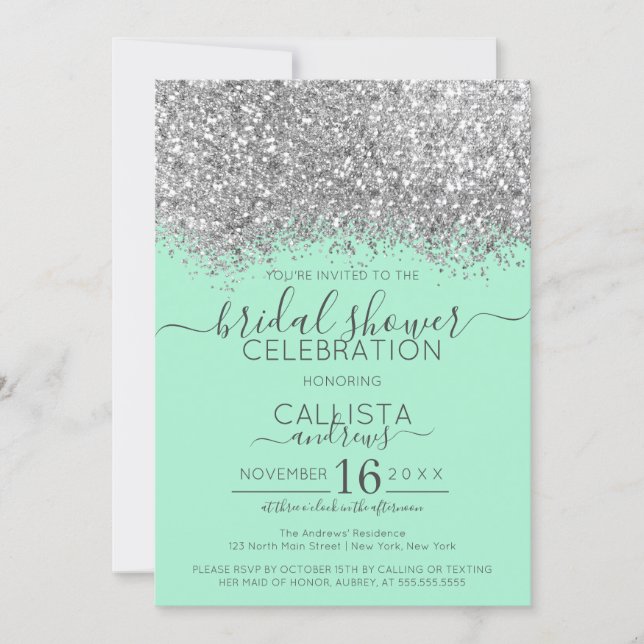 Luxury Silver Mint Glitter Confetti Bridal Shower Invitation (Front)