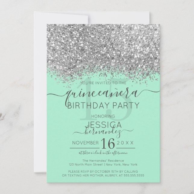 Luxury Silver Mint Glitter Confetti Quinceañera Invitation (Front)