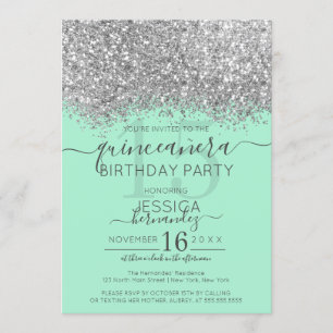 Luxury Silver Mint Glitter Confetti Quinceañera Invitation