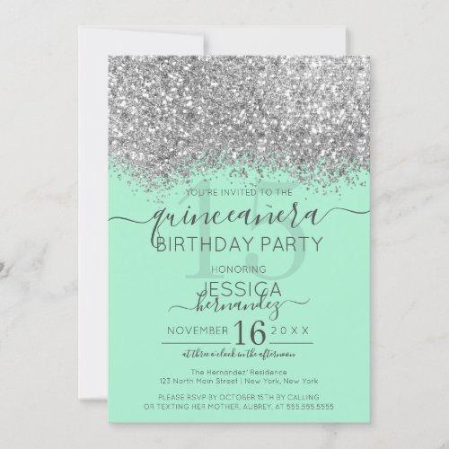 Luxury Silver Mint Glitter Confetti Quinceaera Invitation