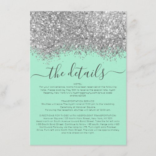 Luxury Silver Mint Glitter Confetti Wedding Detail Enclosure Card