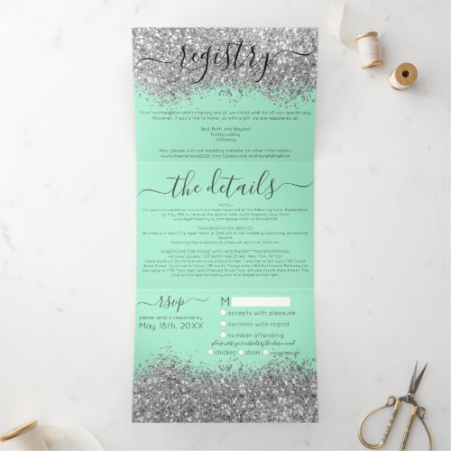 Luxury Silver Mint Glitter Registry Detail RSVP Tri_Fold Invitation