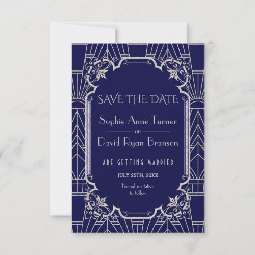 Luxury Silver Navy Blue Great Gatsby 20s Wedding Save The Date