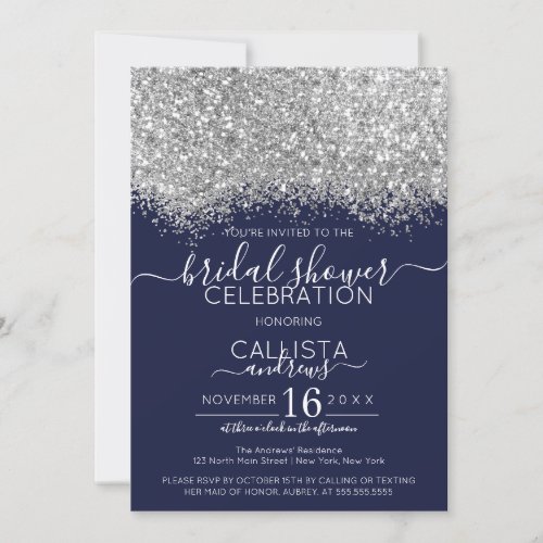 Luxury Silver Navy Glitter Confetti Bridal Shower Invitation