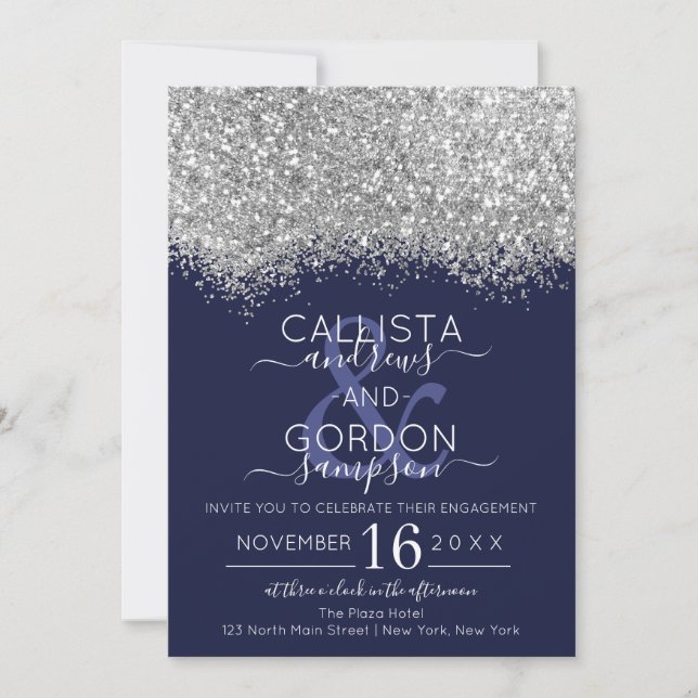 Luxury Silver Navy Glitter Confetti Engagement Invitation (Front)