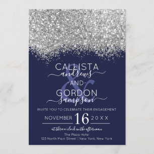 Luxury Silver Navy Glitter Confetti Engagement Invitation