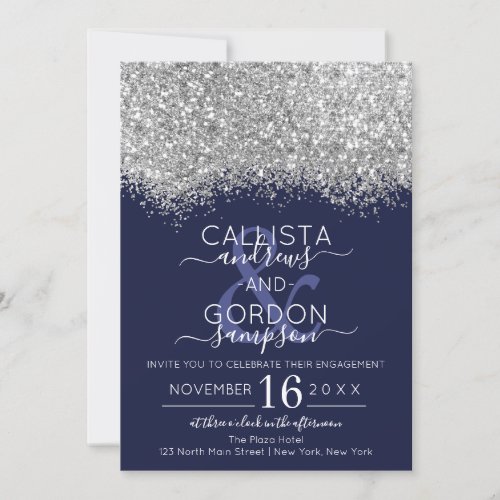 Luxury Silver Navy Glitter Confetti Engagement Invitation