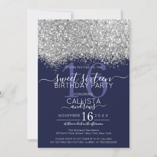 Luxury Silver Navy Glitter Confetti Sweet 16 Invitation