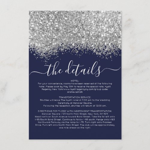 Luxury Silver Navy Glitter Confetti Wedding Detail Enclosure Card