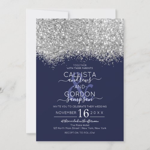 Luxury Silver Navy Glitter Confetti Wedding Invitation