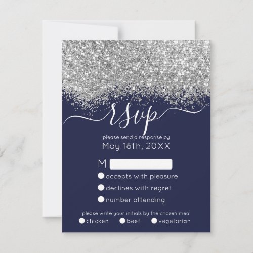 Luxury Silver Navy Glitter Confetti Wedding RSVP Card