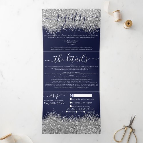 Luxury Silver Navy Glitter Registry Detail RSVP Tri_Fold Invitation