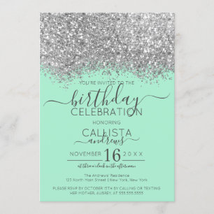 Luxury Silver Neo Mint Glitter Confetti Birthday Invitation