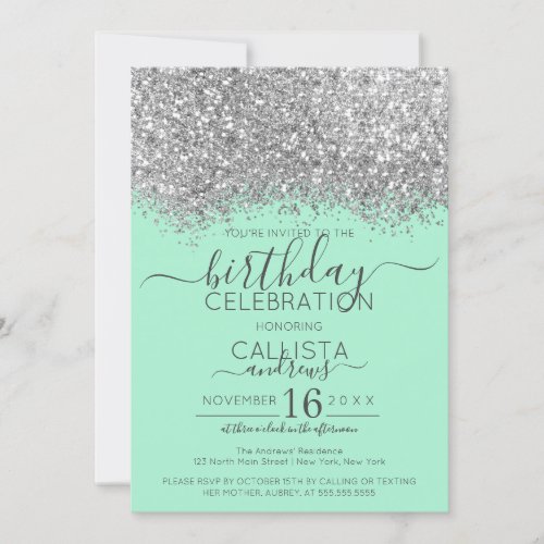 Luxury Silver Neo Mint Glitter Confetti Birthday Invitation